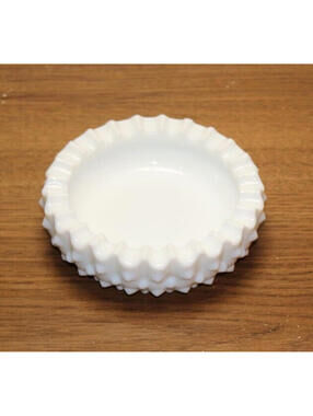 Vintage Fenton White Hobnail Milk Glass Ashtray Trinket Dish 5" Ruffle Edge Bowl